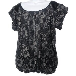 Studio M‎ Woman Lace Blouse 1X Black Velvet Flutter Bubble Hem Whimsigoth Grunge